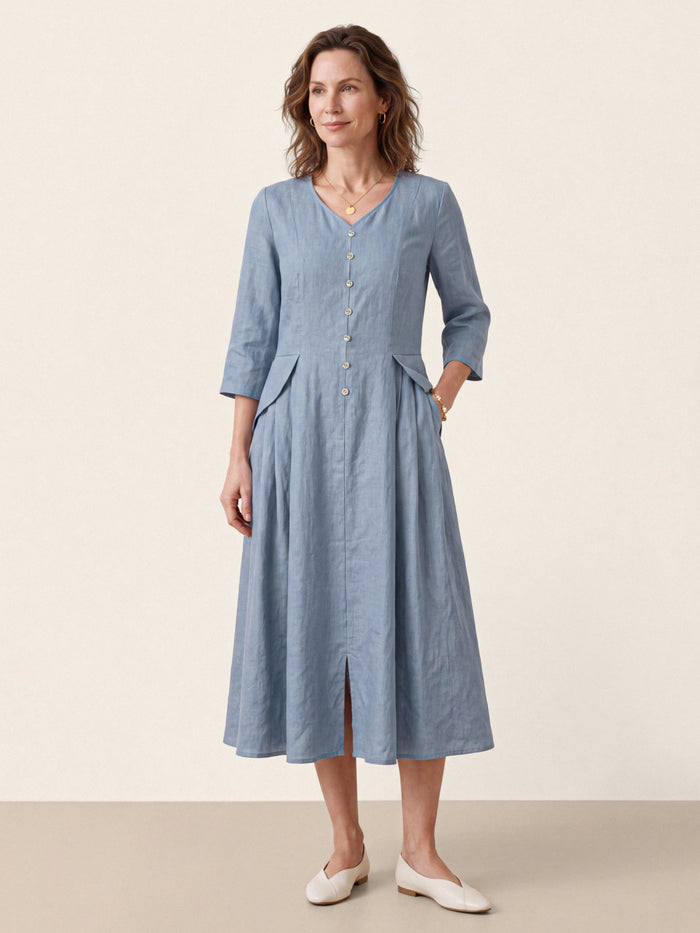 100% Linen Pleated Midi Dress with Hidden Pockets