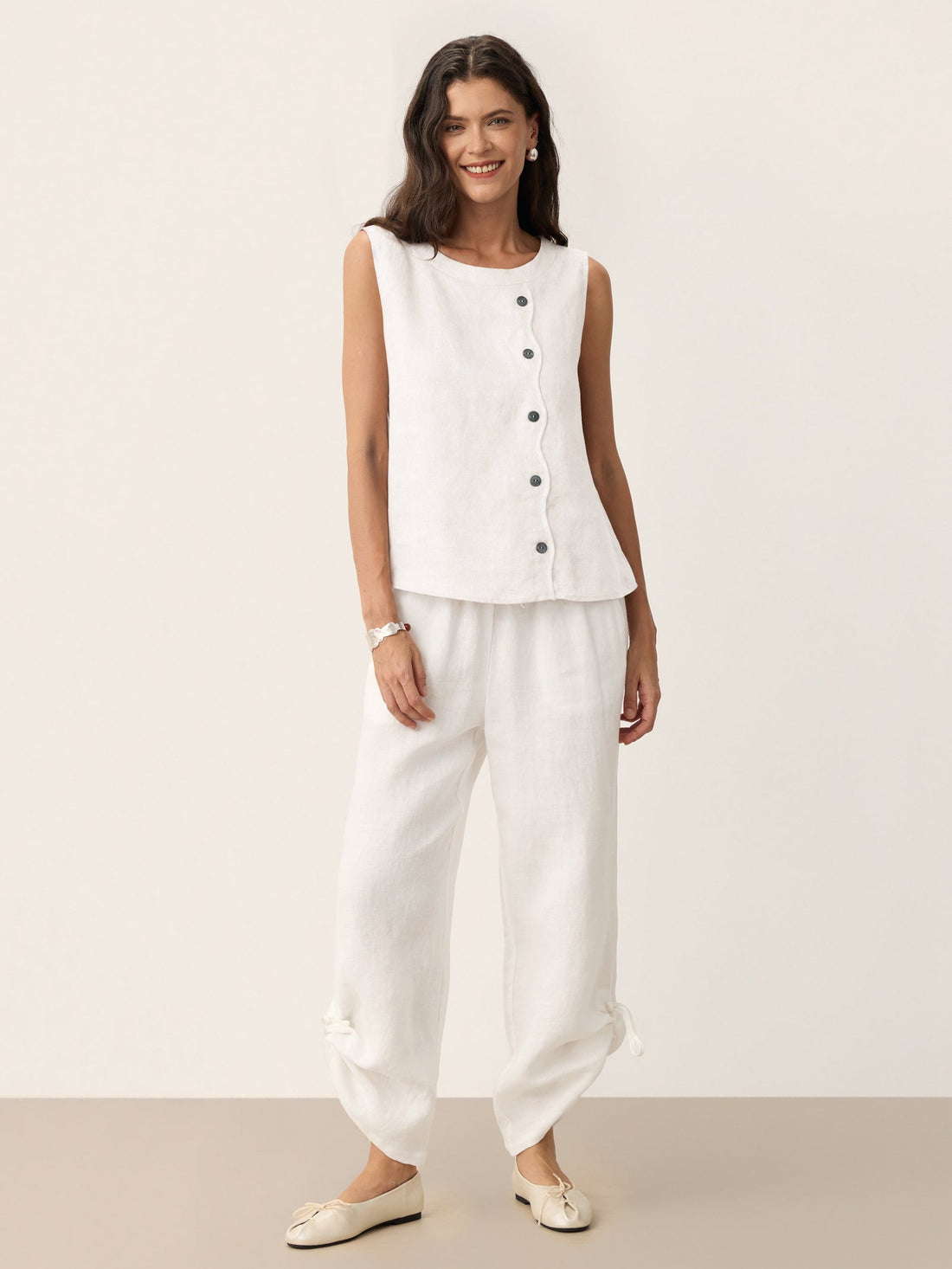 100% Linen Tailored Top with Decorative Buttons