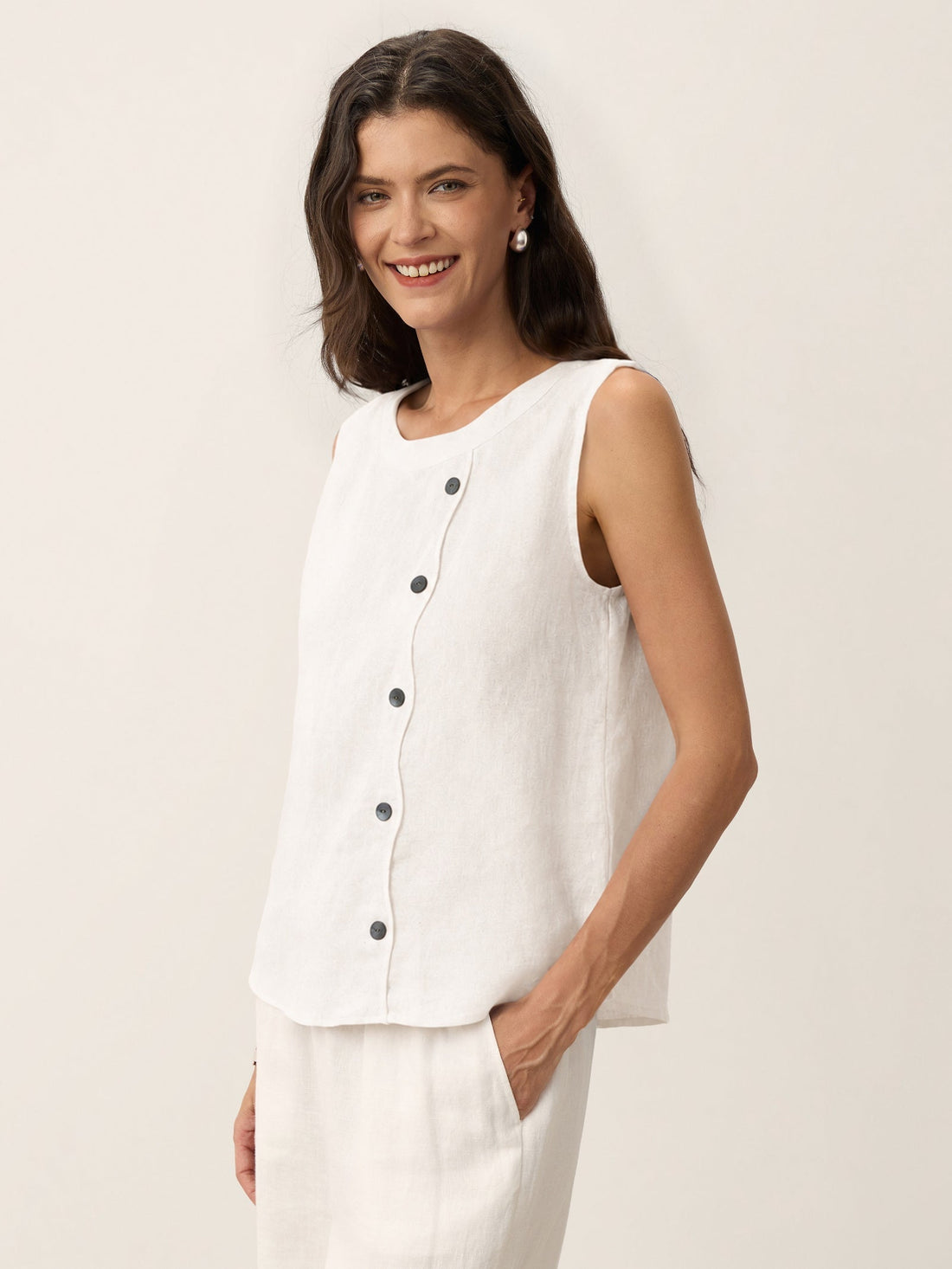 100% Linen Tailored Top with Decorative Buttons