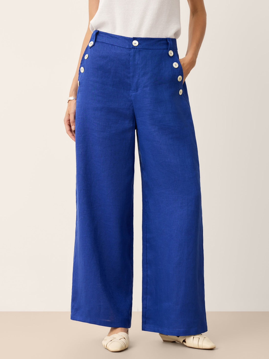 100% Linen Shell-Button Elastic-Back Wide-Leg Pants