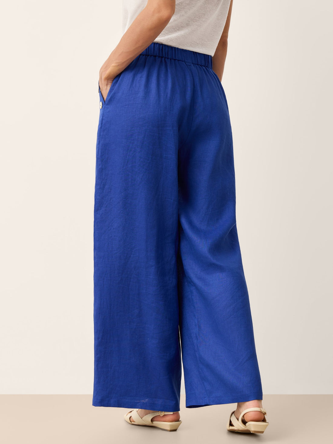 100% Linen Shell-Button Elastic-Back Wide-Leg Pants