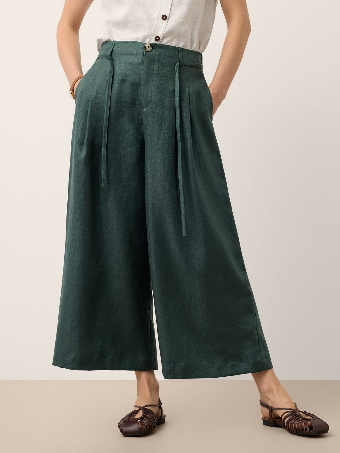 100% Linen Pleated Wide-Leg Cropped Pants