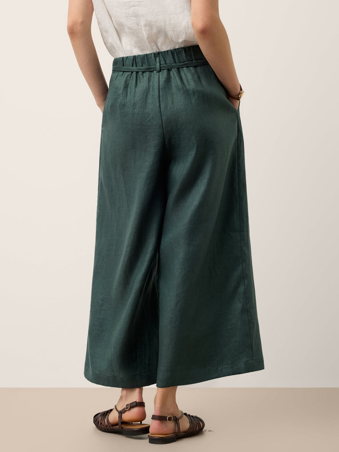 100% Linen Pleated Wide-Leg Cropped Pants