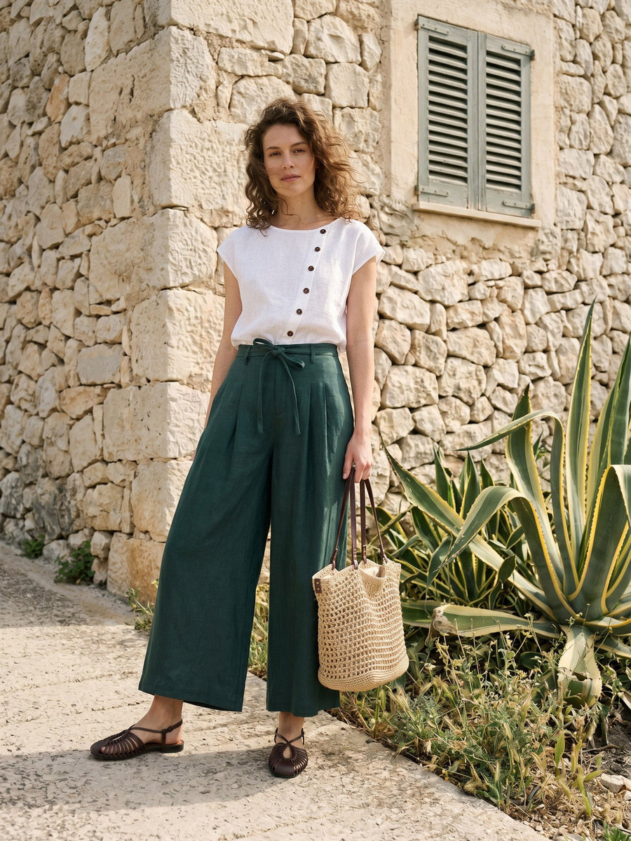 100% Linen Pleated Wide-Leg Cropped Pants