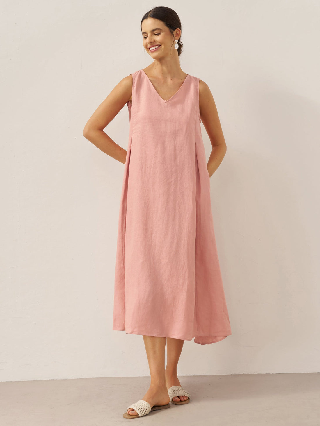 100% Linen Pleated V-Neck Midi Dress