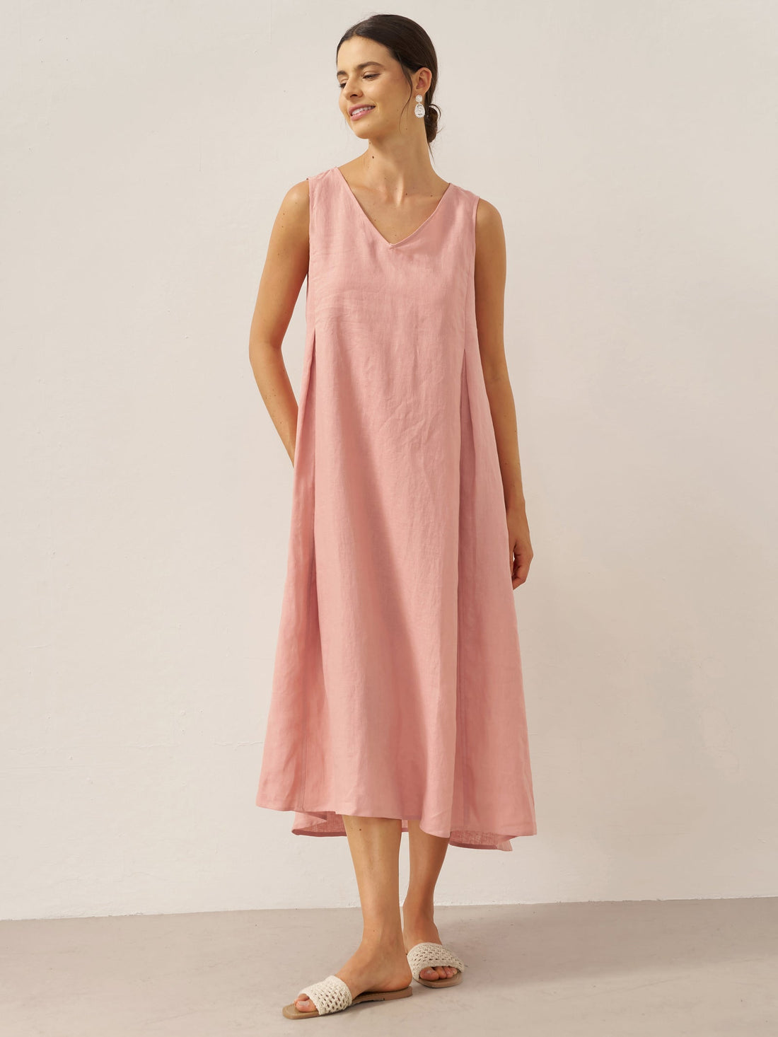 100% Linen Pleated V-Neck Midi Dress