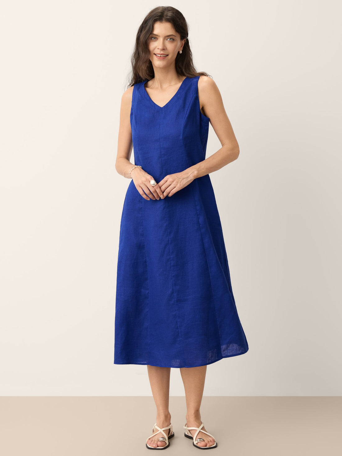 100% Linen V-Neck Midi Dress with Side Pockets