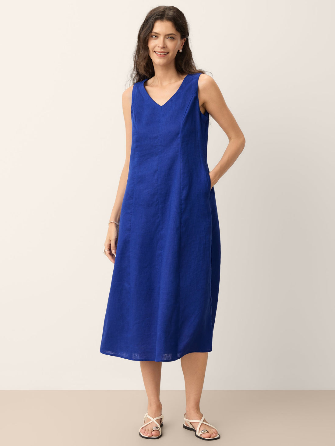 100% Linen V-Neck Midi Dress with Side Pockets