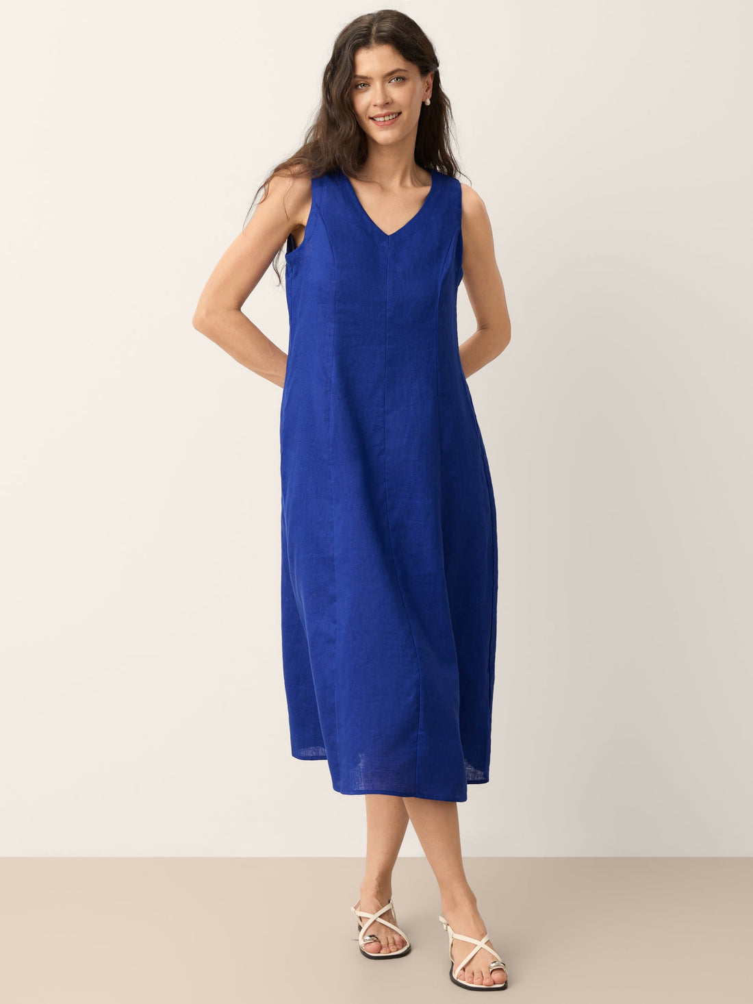 100% Linen V-Neck Midi Dress with Side Pockets