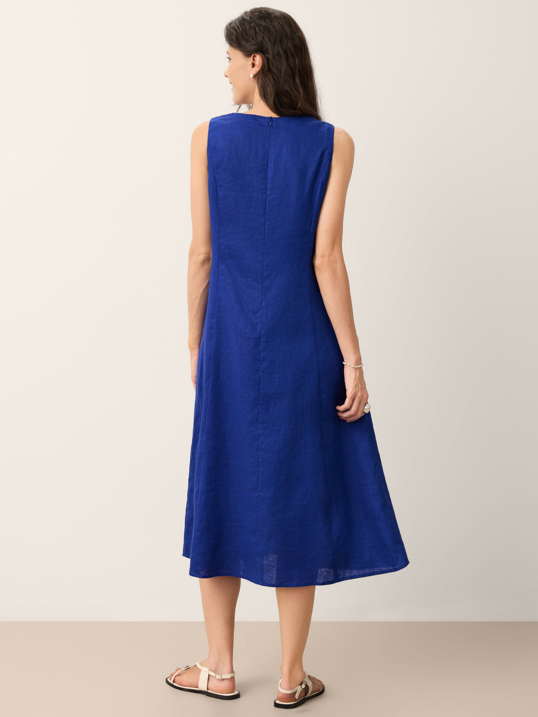100% Linen V-Neck Midi Dress with Side Pockets