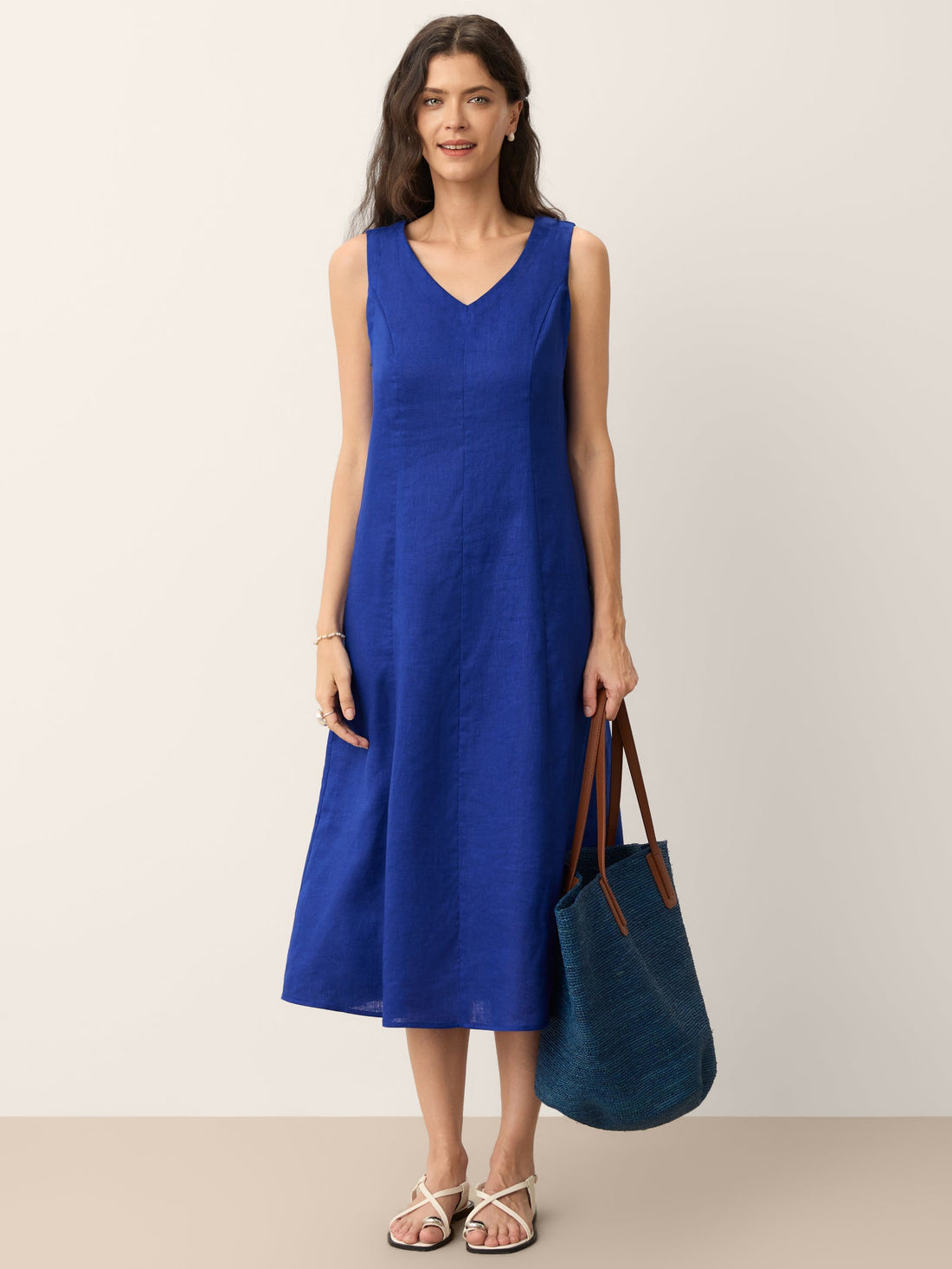 100% Linen V-Neck Midi Dress with Side Pockets