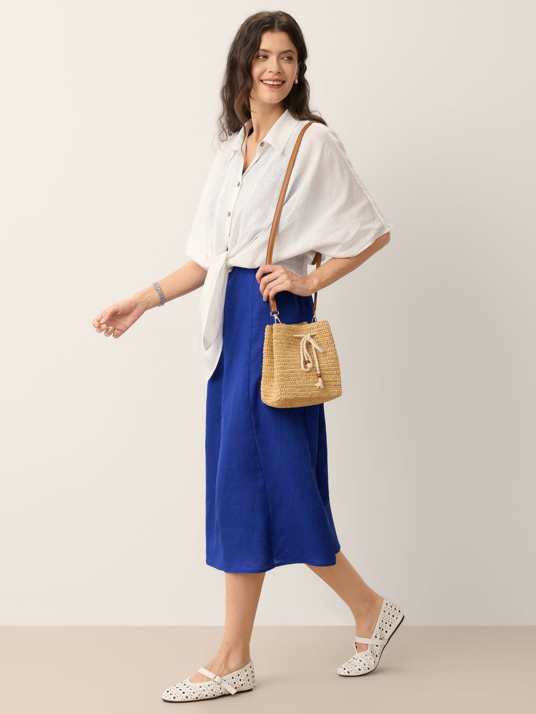 100% Linen V-Neck Midi Dress with Side Pockets