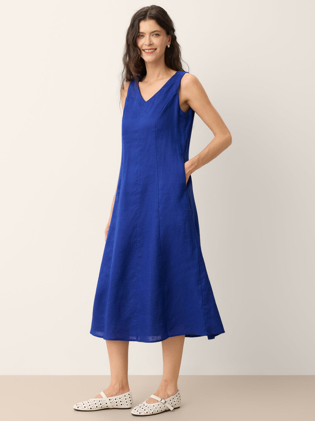 100% Linen V-Neck Midi Dress with Side Pockets