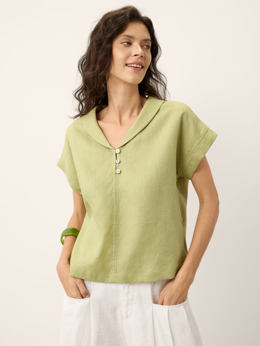 100% Linen Garment-Dyed Short Sleeve Blouse