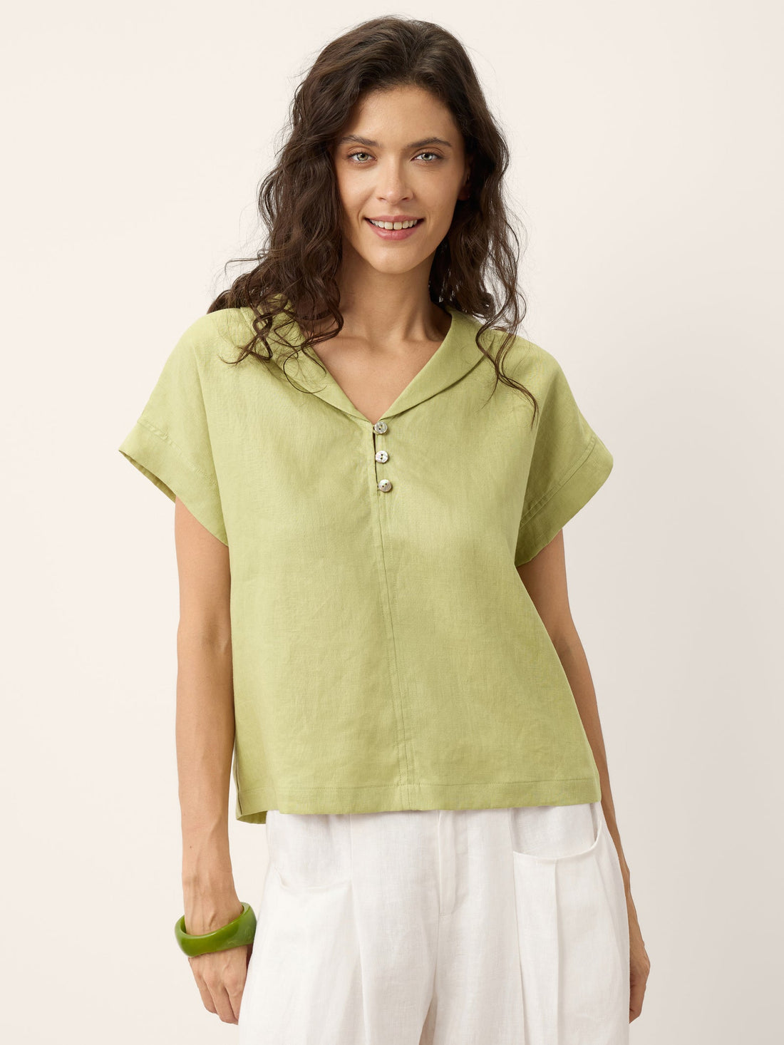 100% Linen Garment-Dyed Short Sleeve Blouse