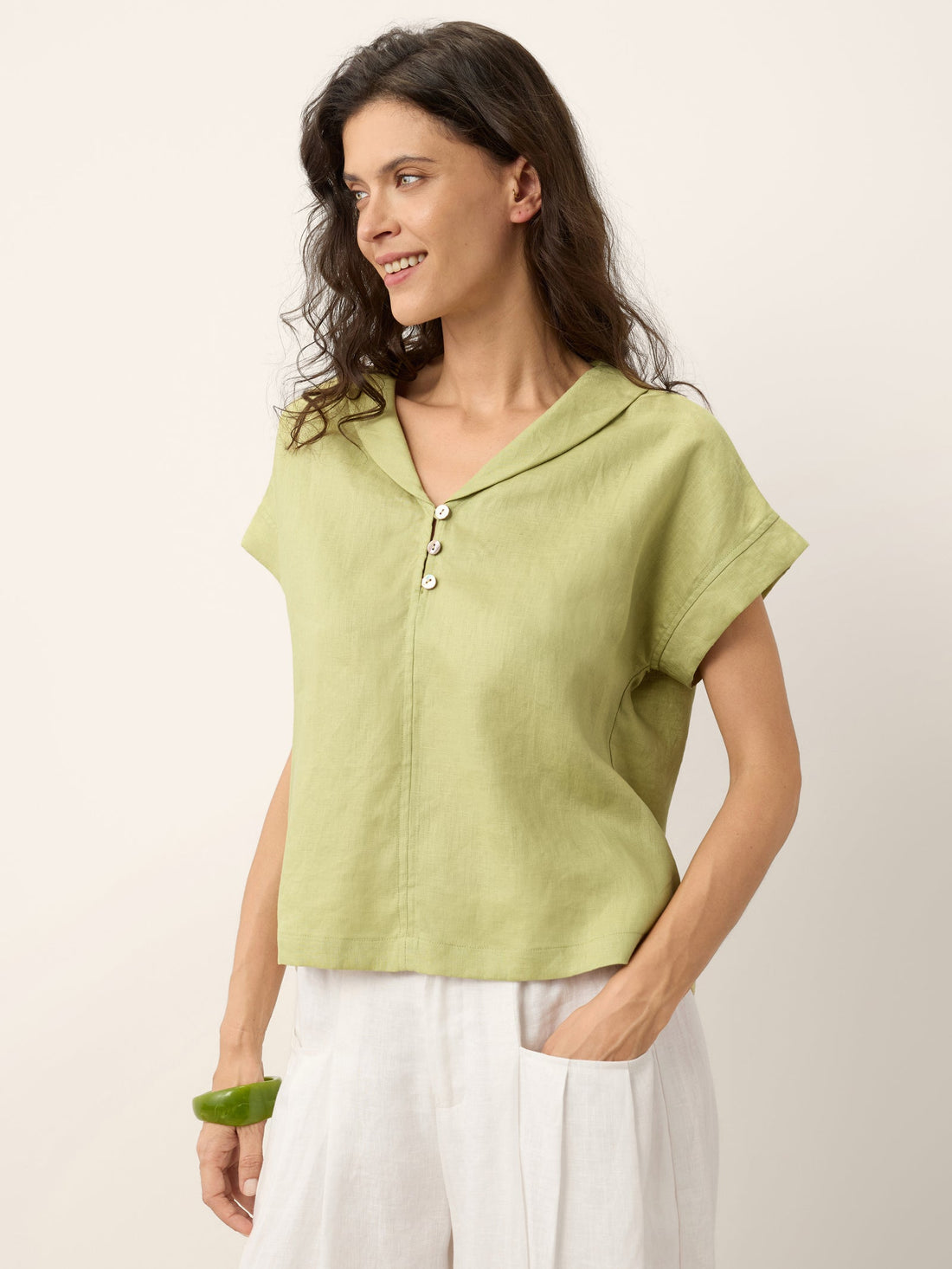 100% Linen Garment-Dyed Short Sleeve Blouse