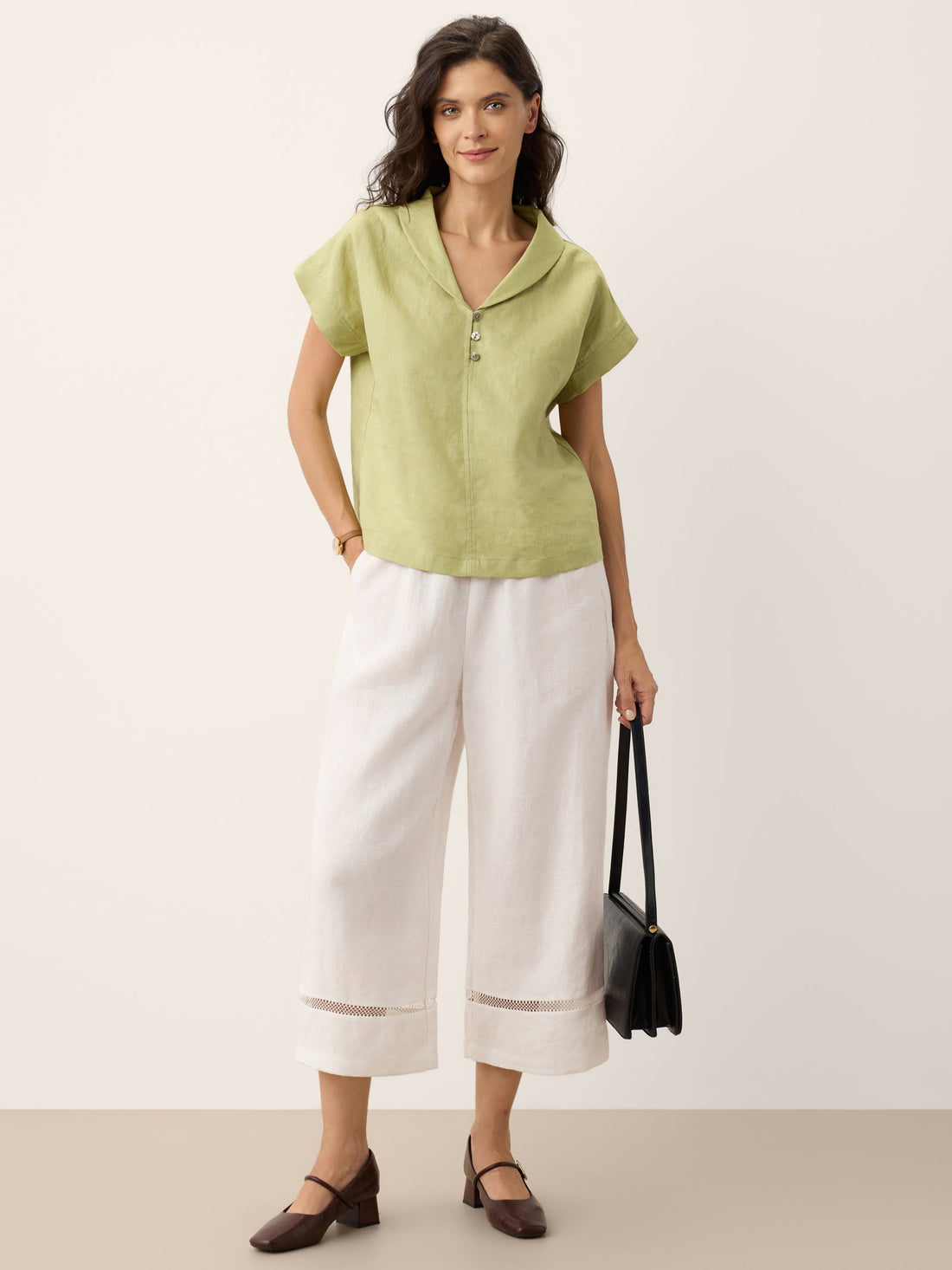 100% Linen Garment-Dyed Short Sleeve Blouse