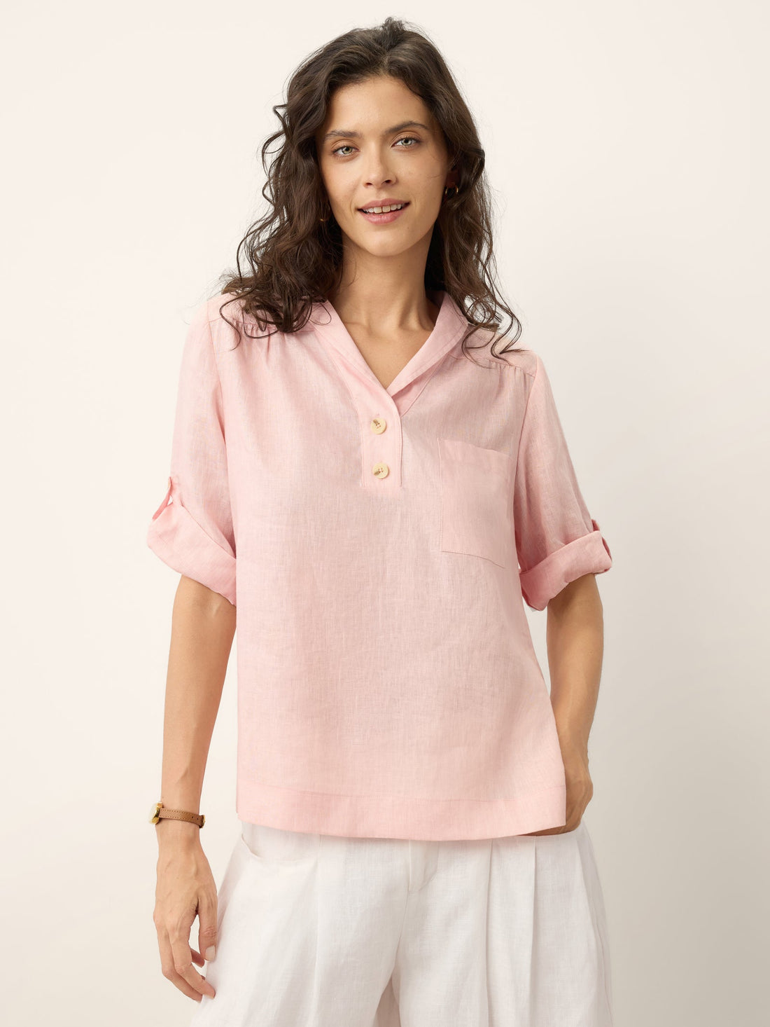 100% Linen Ruched Three-Quarter Sleeve Blouse