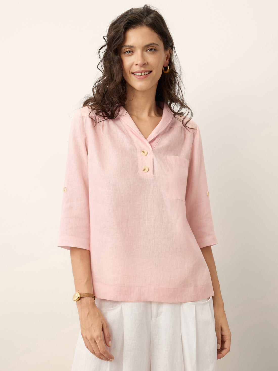 100% Linen Ruched Three-Quarter Sleeve Blouse