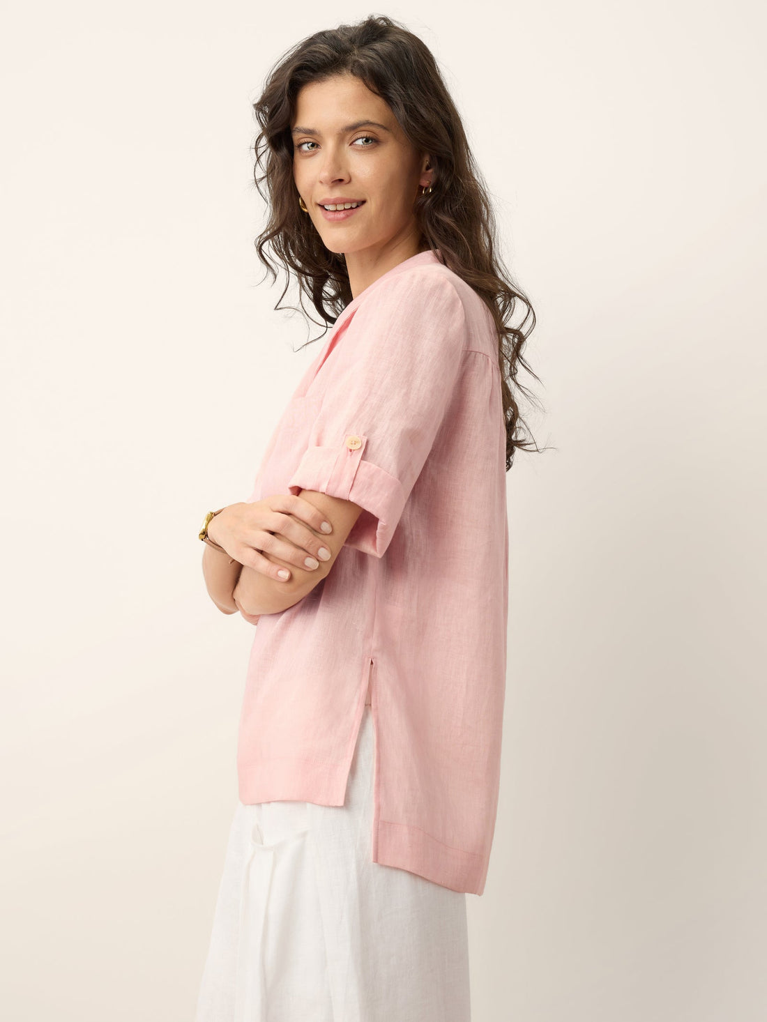 100% Linen Ruched Three-Quarter Sleeve Blouse