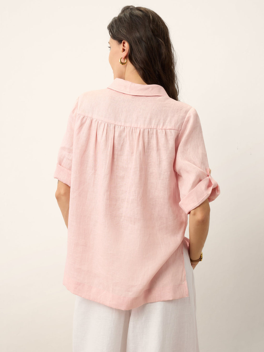 100% Linen Ruched Three-Quarter Sleeve Blouse