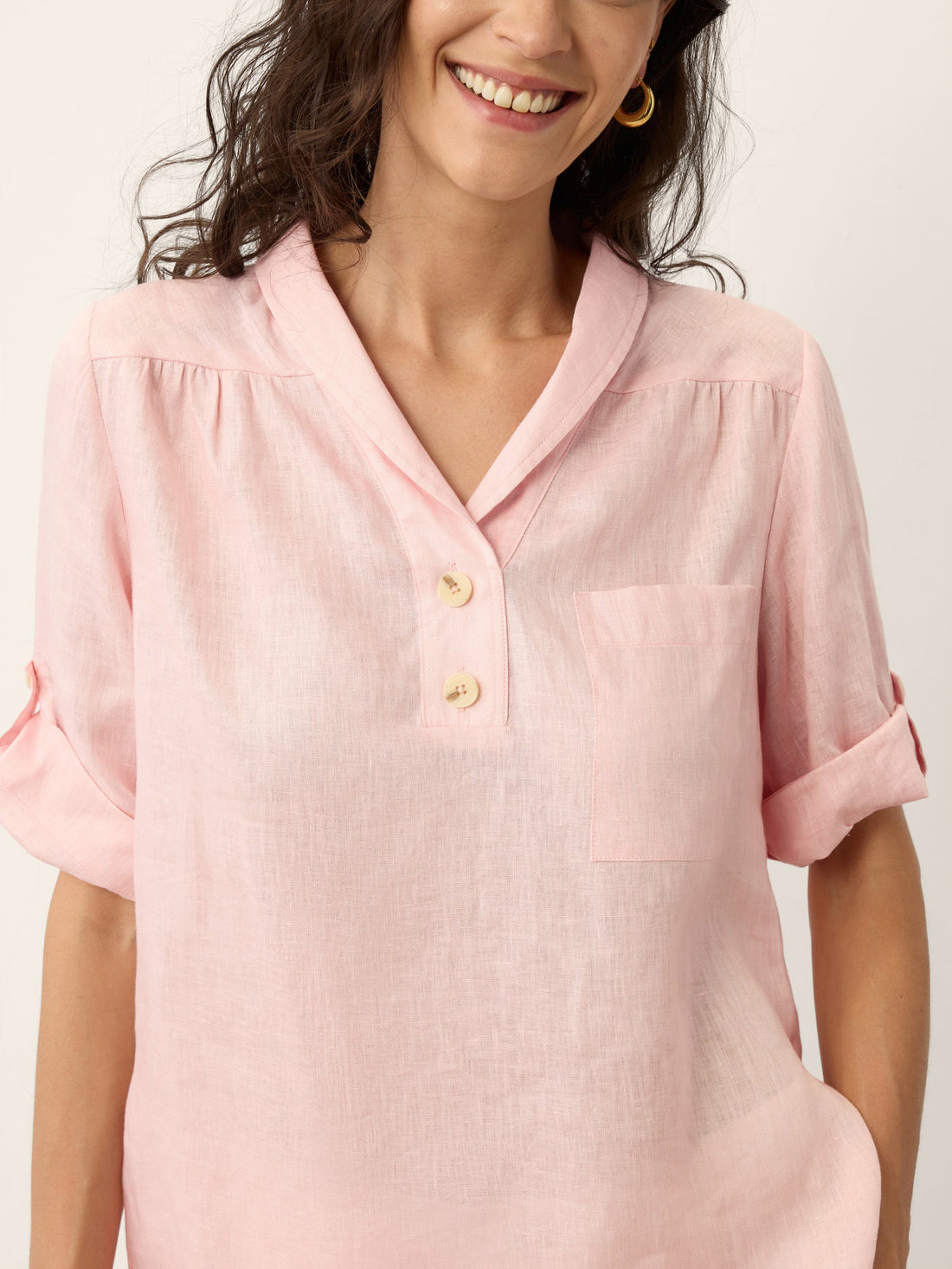 100% Linen Ruched Three-Quarter Sleeve Blouse