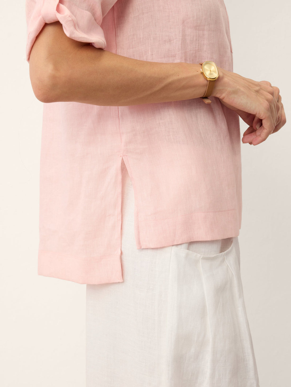 100% Linen Ruched Three-Quarter Sleeve Blouse