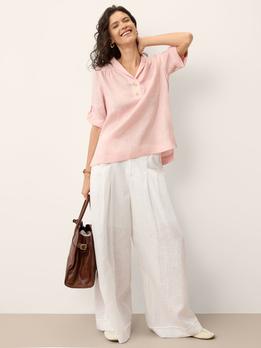 100% Linen Ruched Three-Quarter Sleeve Blouse