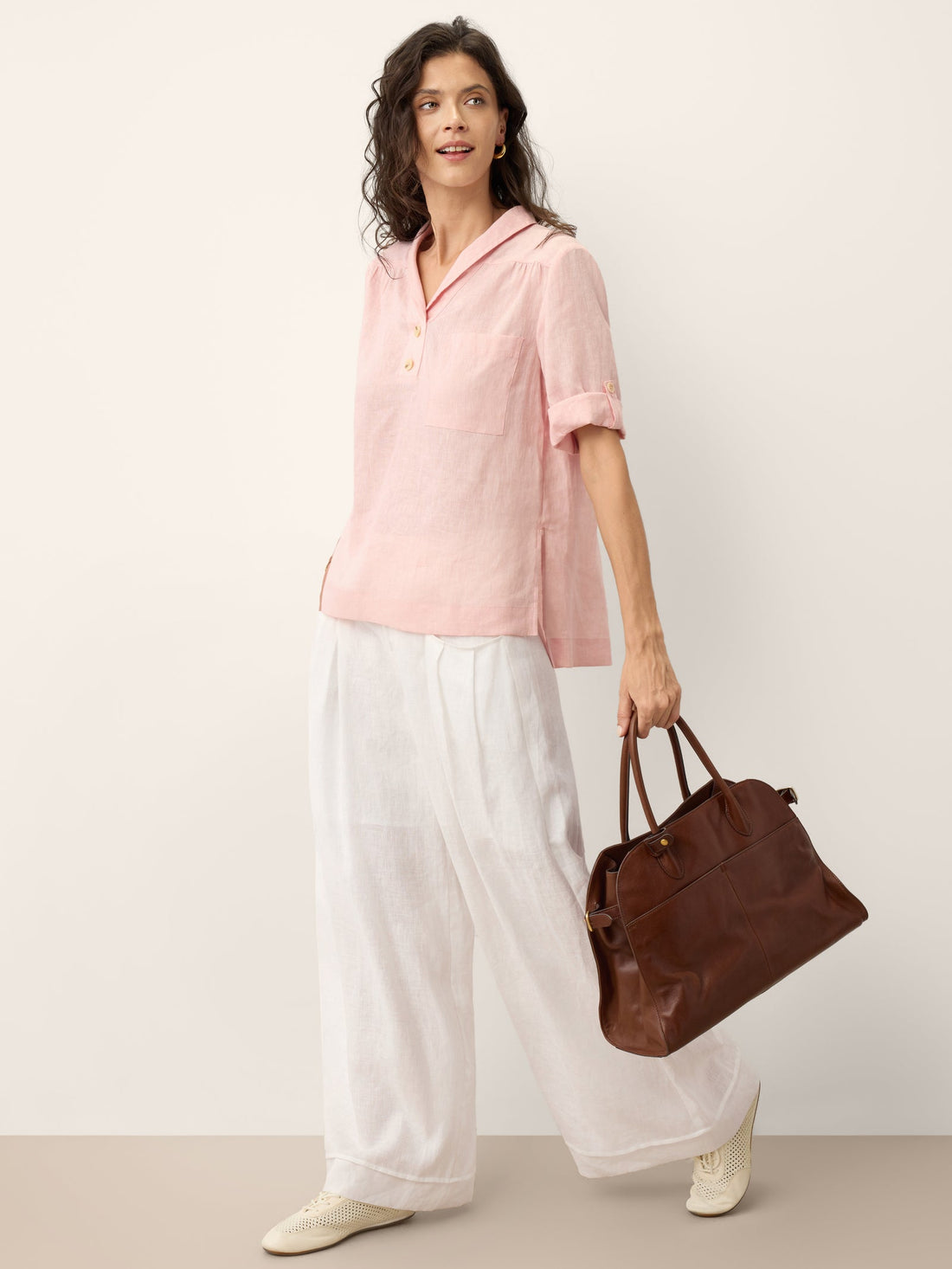 100% Linen Ruched Three-Quarter Sleeve Blouse