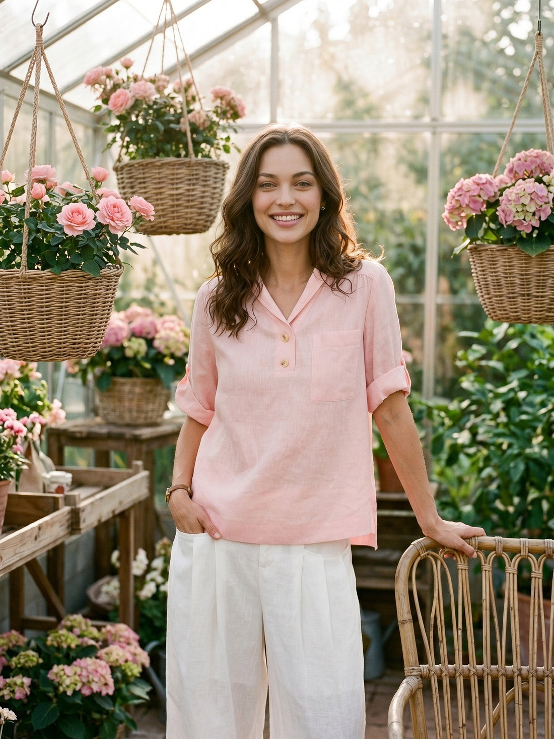 100% Linen Ruched Three-Quarter Sleeve Blouse