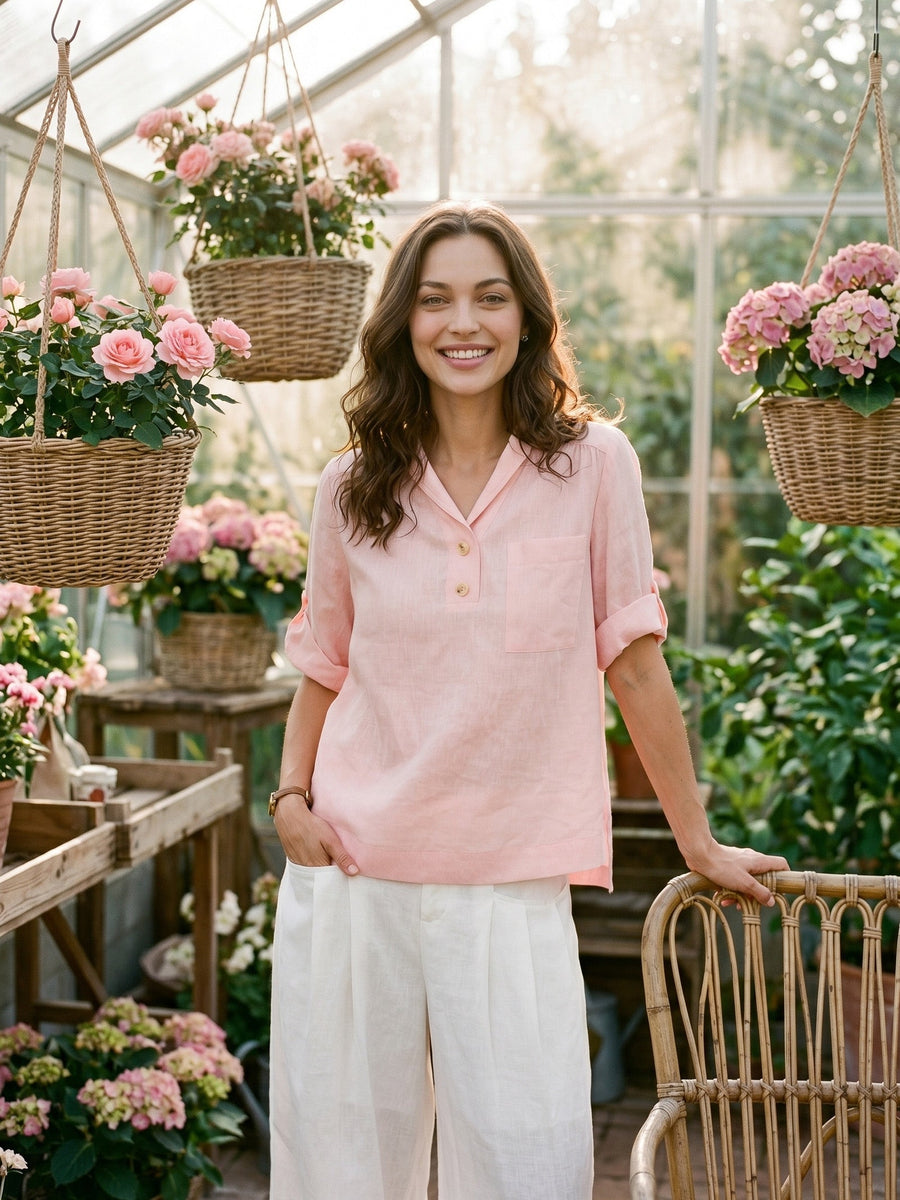 100% Linen Ruched Three-Quarter Sleeve Blouse