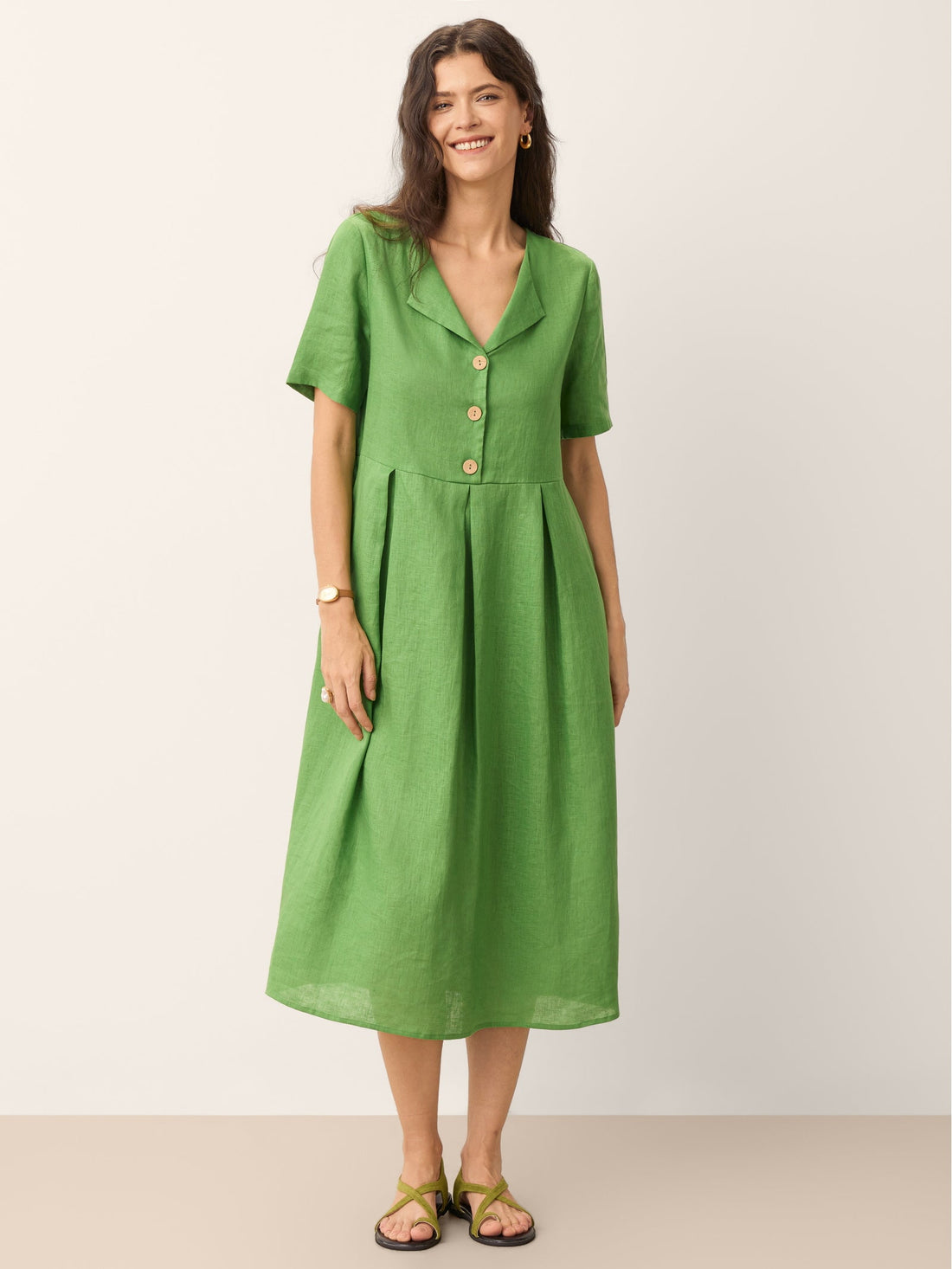 100% Linen V-Neck Midi Dress with Decorative Buttons