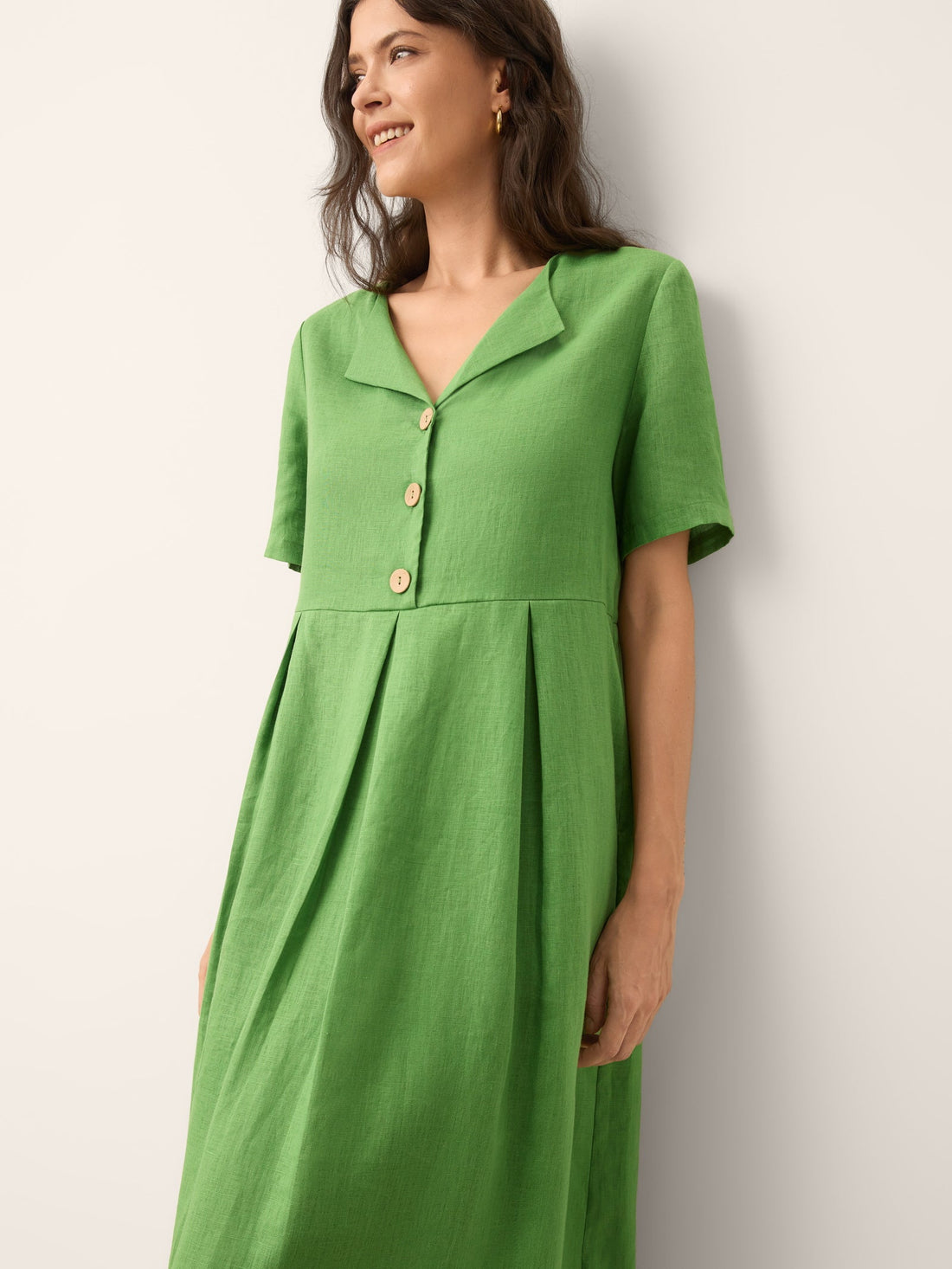 100% Linen V-Neck Midi Dress with Decorative Buttons