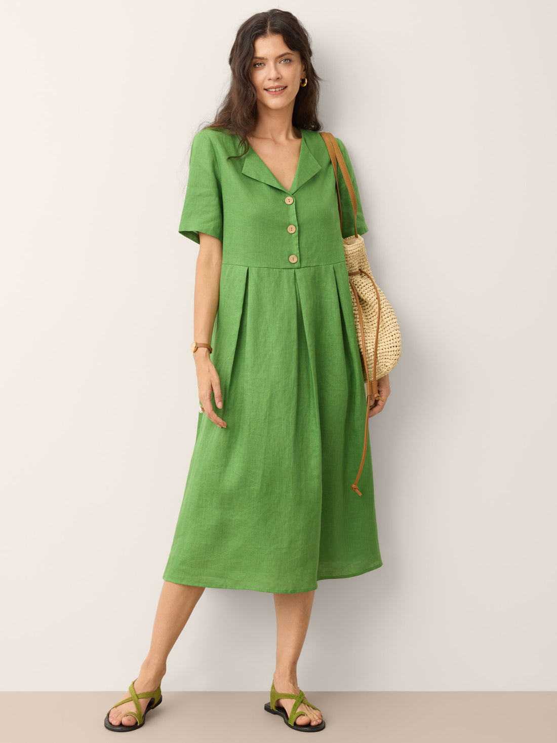 100% Linen V-Neck Midi Dress with Decorative Buttons