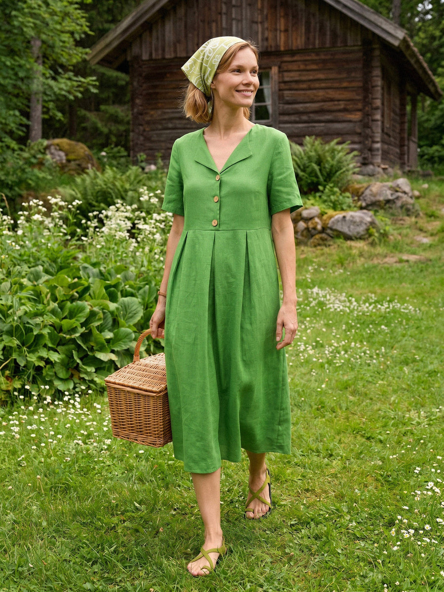 100% Linen V-Neck Midi Dress with Decorative Buttons