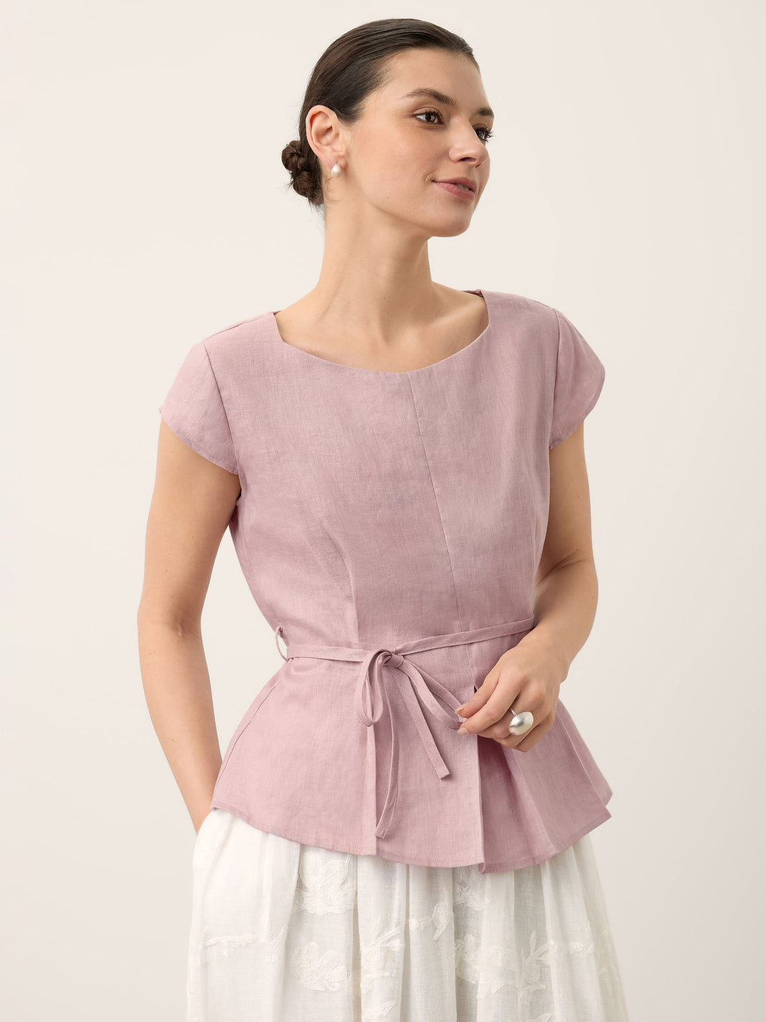 100% Linen Square Neck Cap Sleeve Blouse
