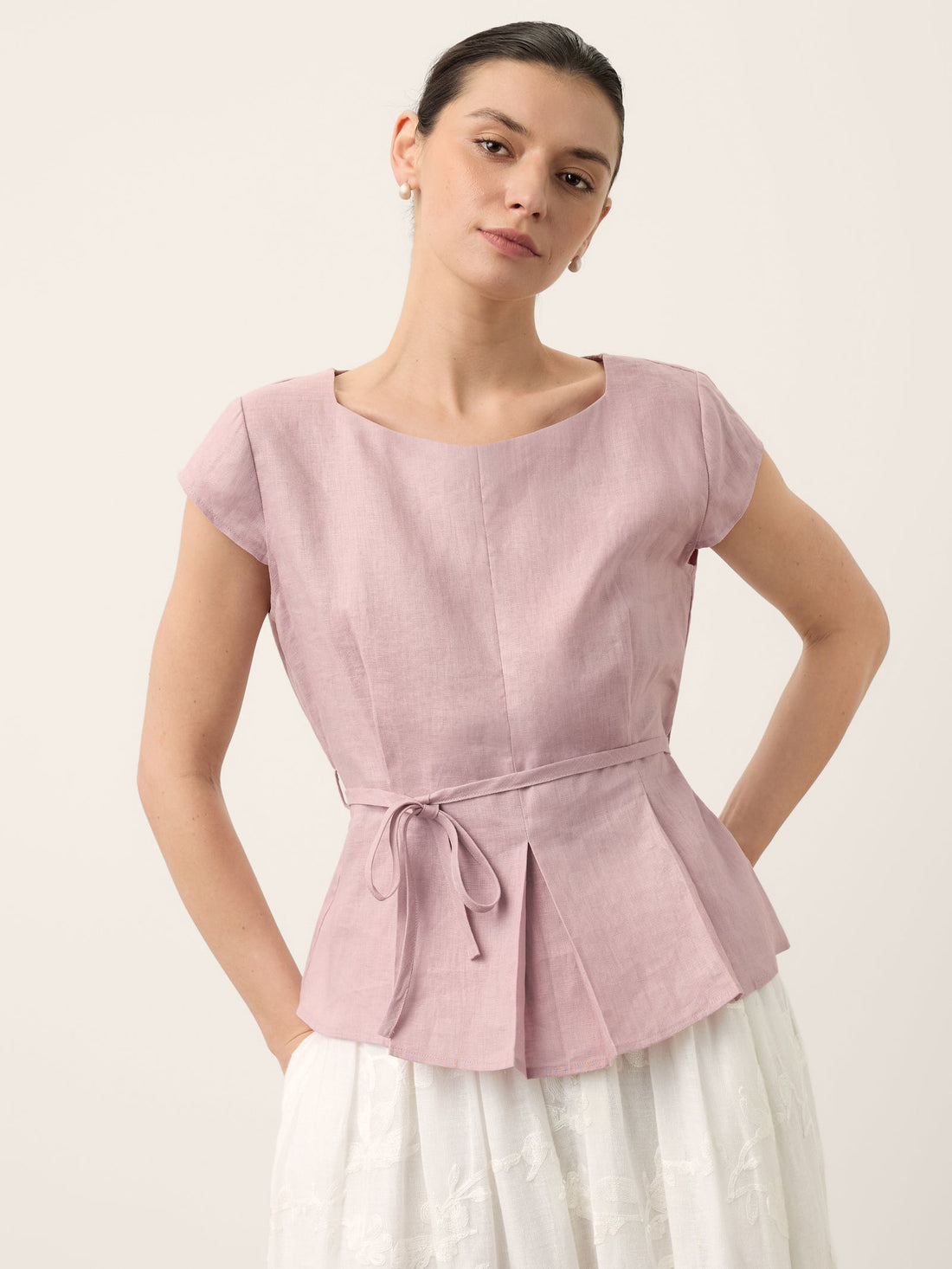 100% Linen Square Neck Cap Sleeve Blouse