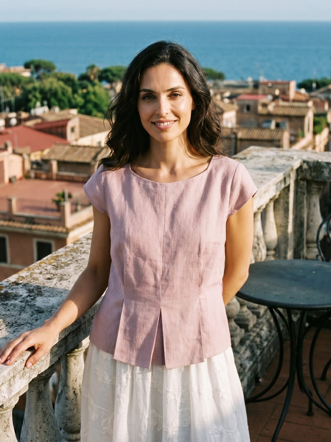 100% Linen Square Neck Cap Sleeve Blouse