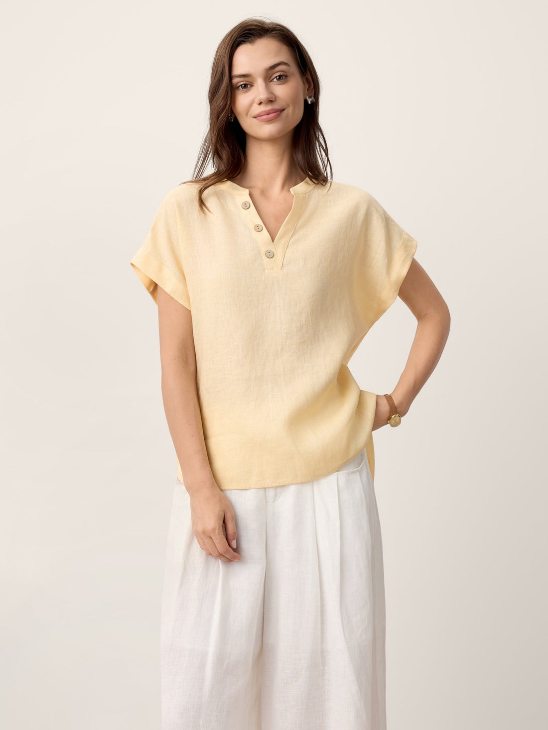 100% Linen V-Neck Short Sleeve Blouse