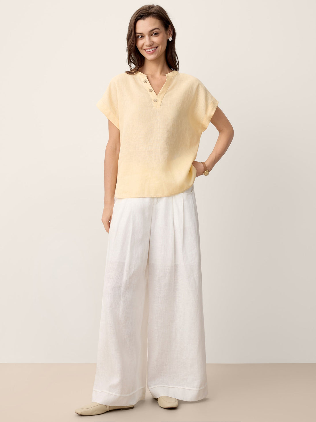 100% Linen V-Neck Short Sleeve Blouse