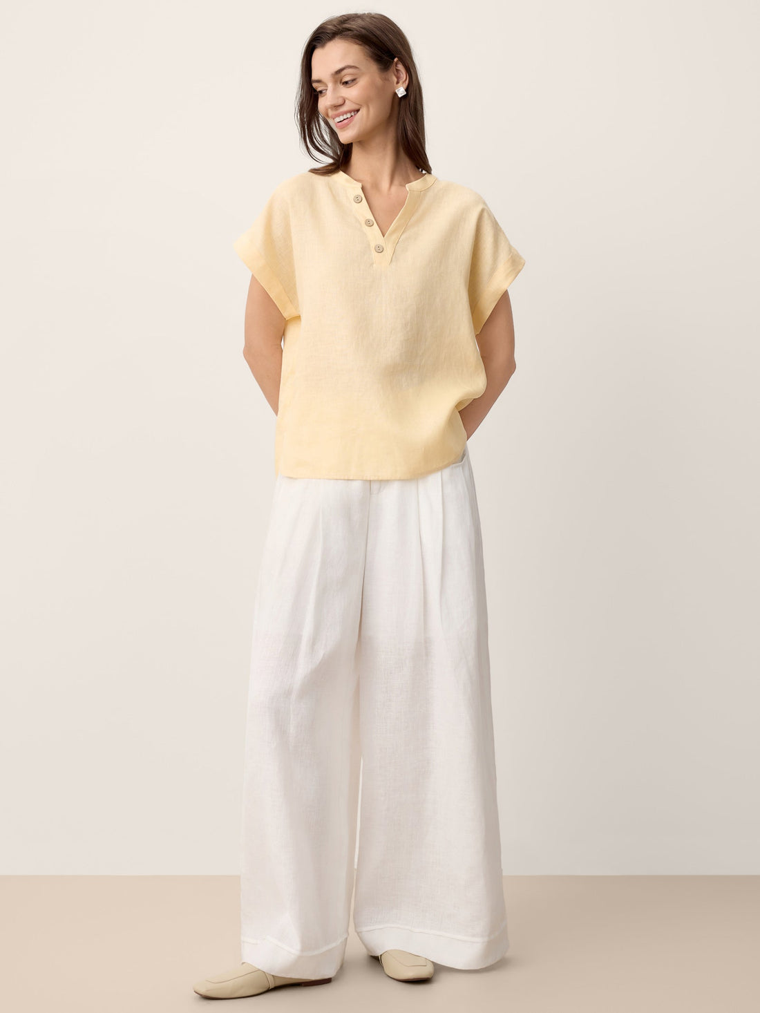 100% Linen V-Neck Short Sleeve Blouse