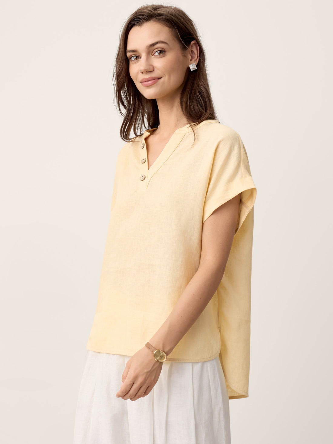 100% Linen V-Neck Short Sleeve Blouse