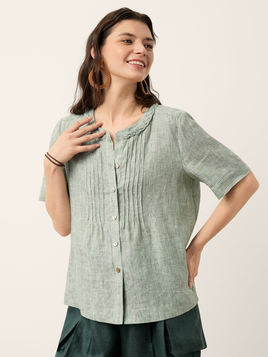 100% Linen Yarn-Dyed Round Neck Button Shirt