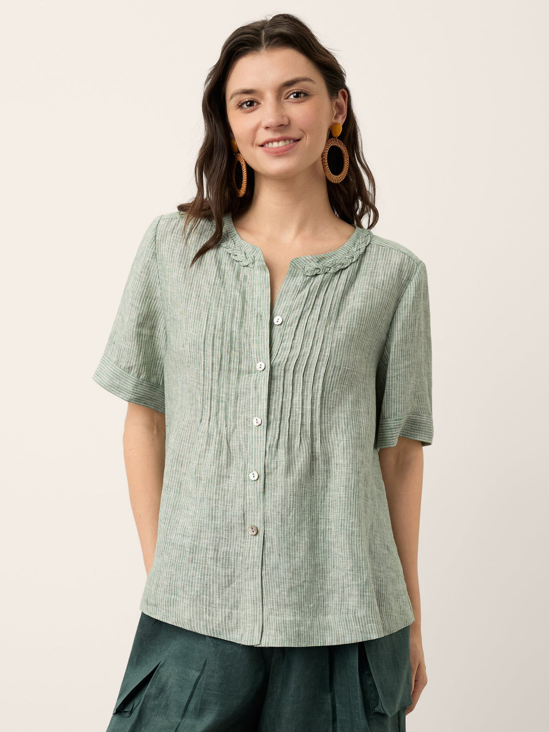 100% Linen Yarn-Dyed Round Neck Button Shirt