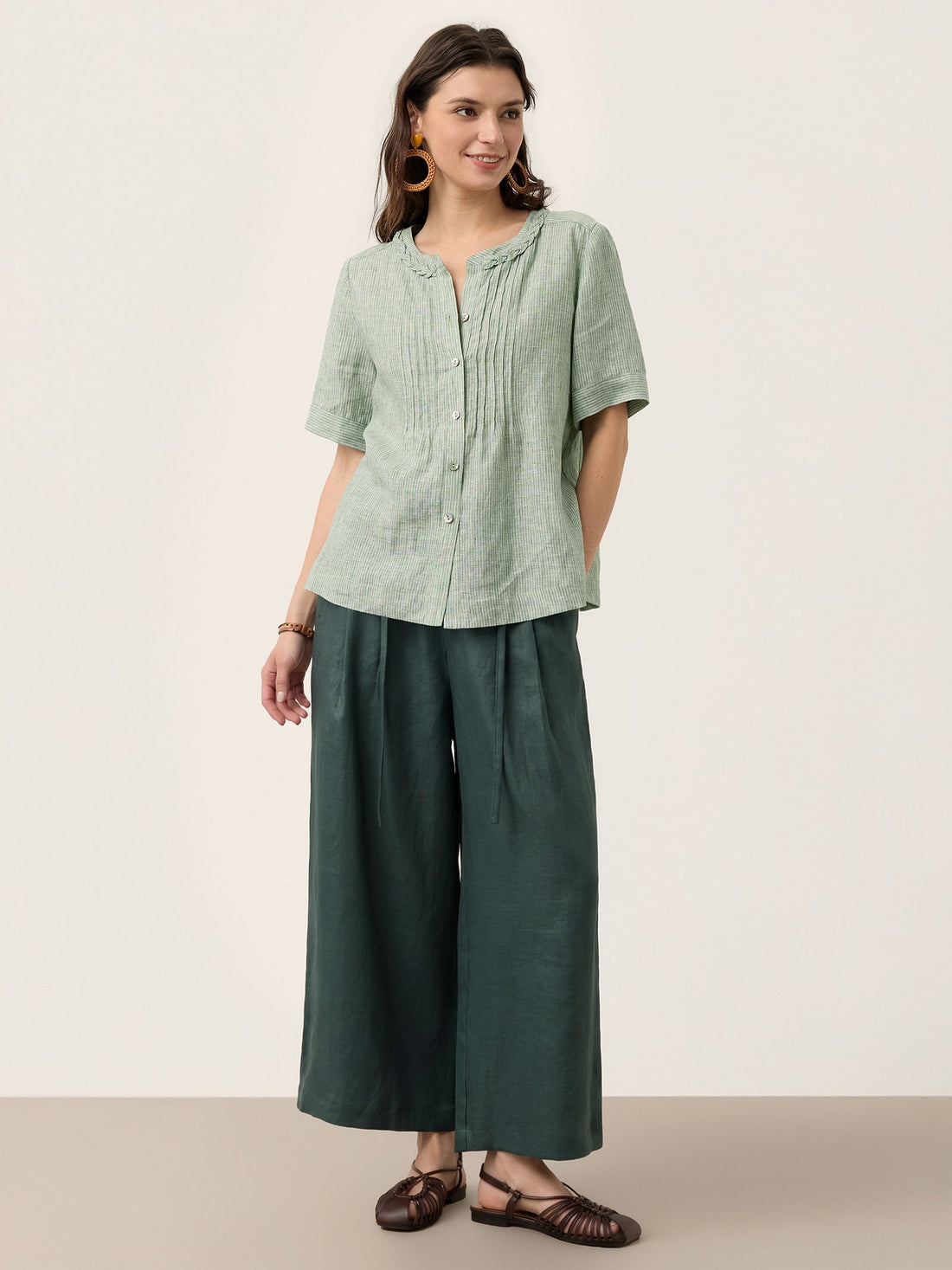100% Linen Yarn-Dyed Round Neck Button Shirt