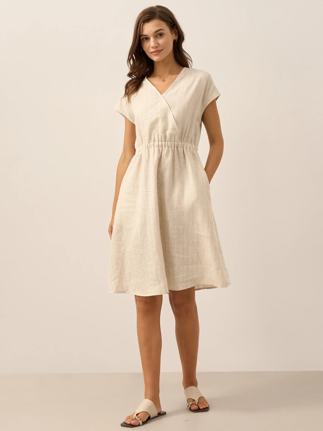 100% Linen Striped V-Neck Elastic Waist Mini Dress