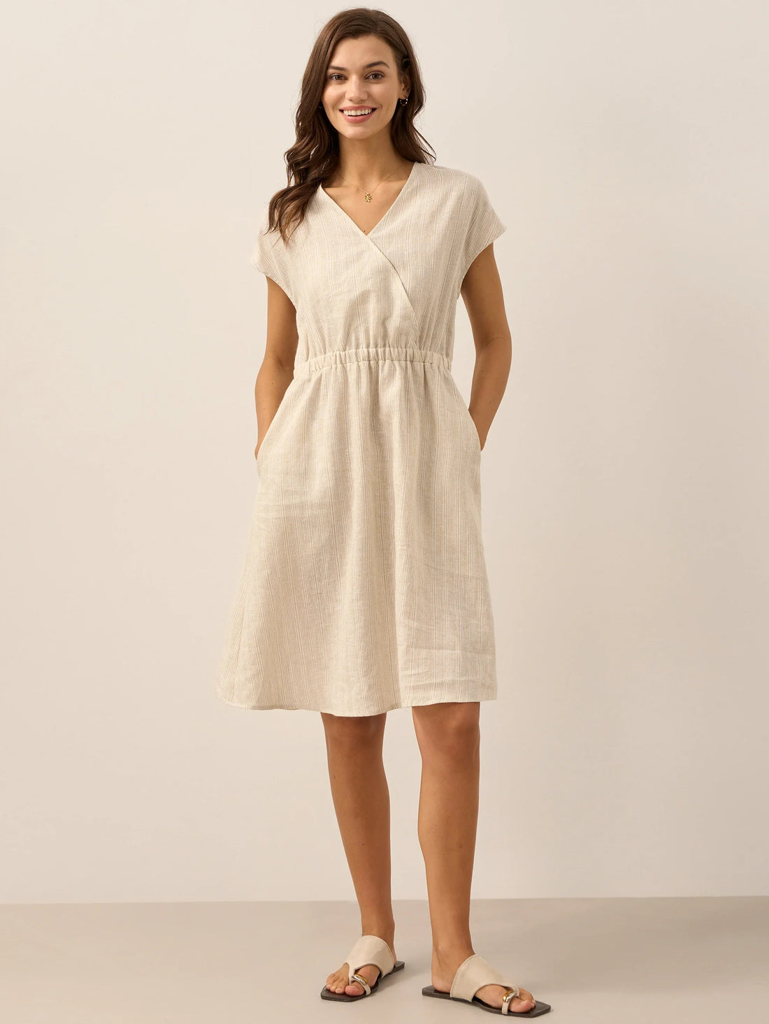 100% Linen Striped V-Neck Elastic Waist Mini Dress