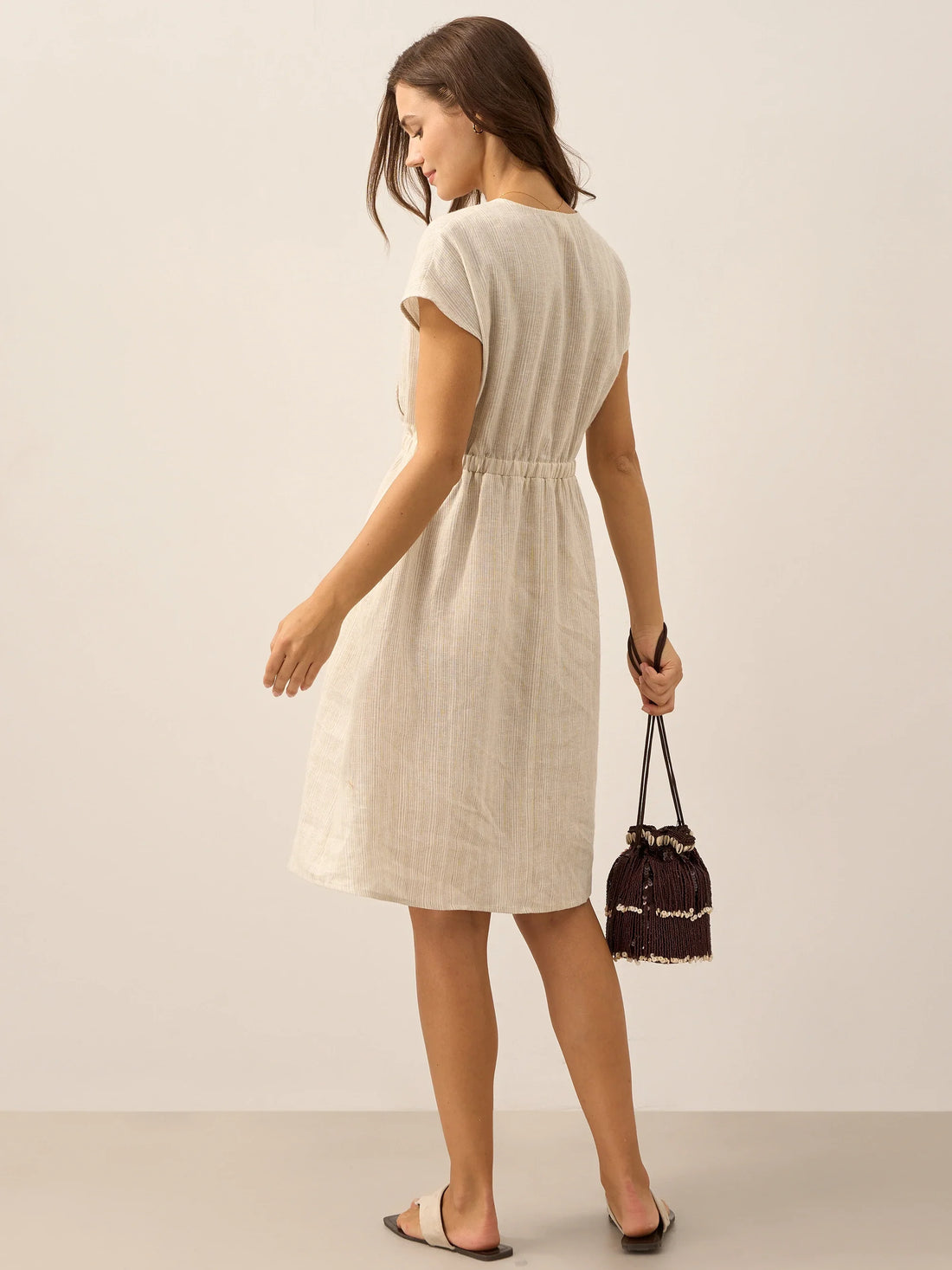 100% Linen Striped V-Neck Elastic Waist Mini Dress