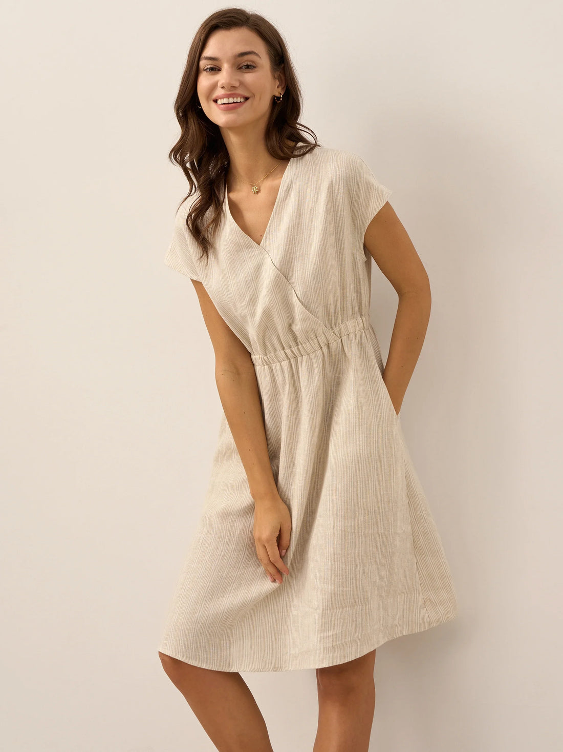 100% Linen V-Neck Elastic-Waist Mini Dress