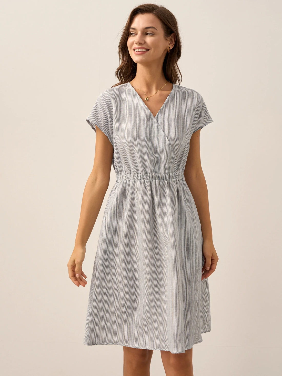 100% Linen Striped V-Neck Elastic Waist Mini Dress